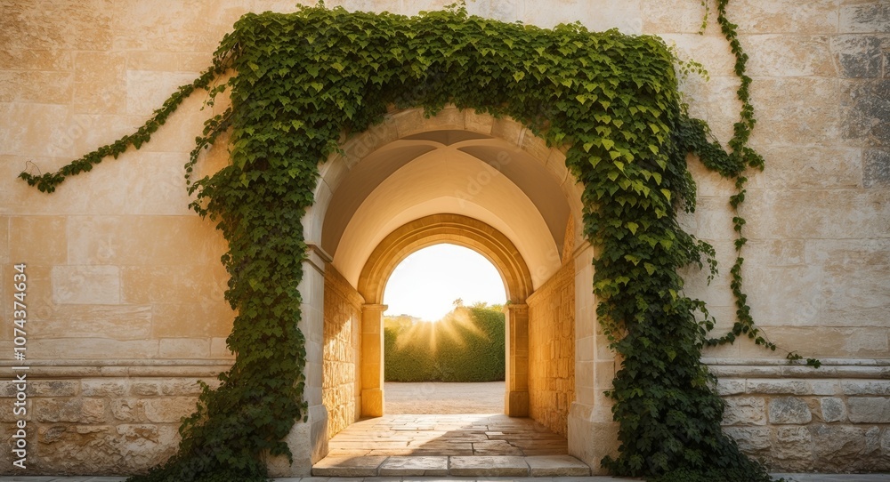 Obraz premium Arched Stone Entranceway with Ivy and Sunlight Shadows.