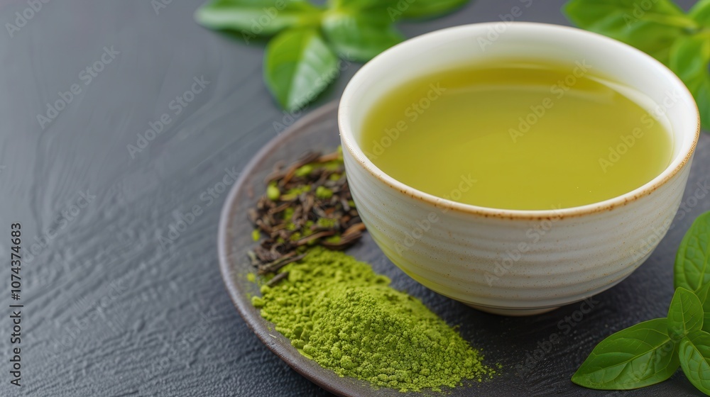 Organic matcha dessert. A calming scene featuring a bowl of green tea with loose leaves and matcha powder beside it, surrounded by fresh green leaves. Organic matcha dessert. A calming scene featuring a bowl of green tea with loose leaves and matcha powder beside it, surrounded by fresh green leaves.