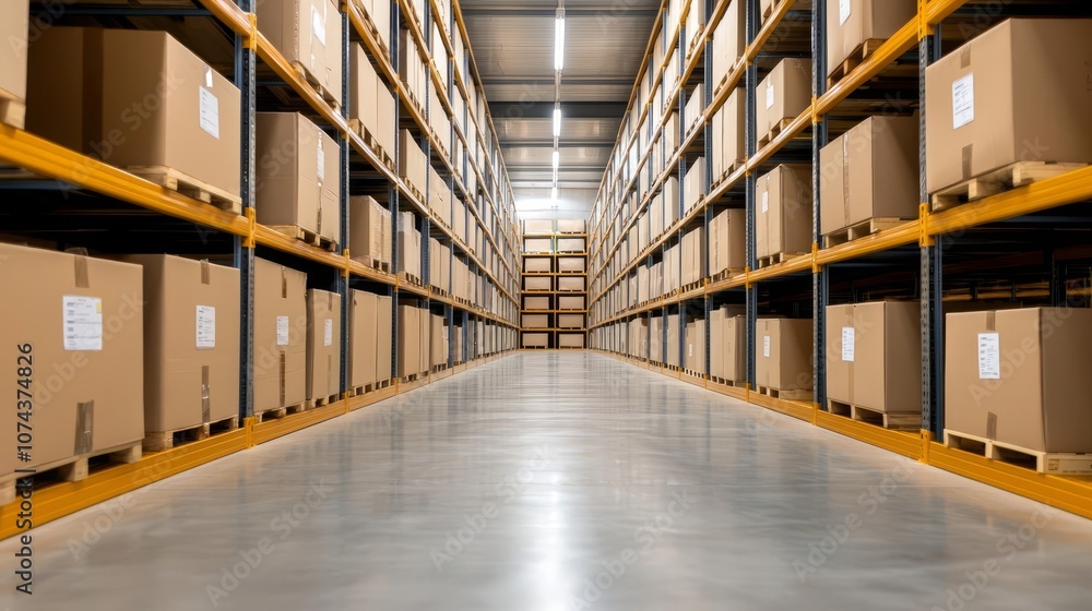 Fototapeta premium A long aisle in a warehouse filled with stacked cardboard boxes on shelves