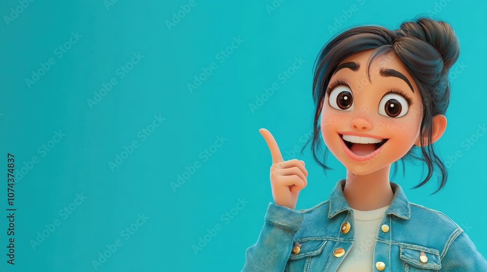 Smiling Latin teen girl in a denim jacket pointing to the side on a vibrant blue background promoting ads with engaging energy Smiling Latin teen girl in a denim jacket pointing to the side on a vibrant blue background promoting ads with engaging energy