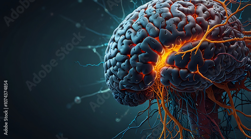 “Synaptic Growth Illustration” – A Brain Surrounded by Exaggerated Synapses Growing Outwards, Symbolizing Learning and Strengthening Connections photo