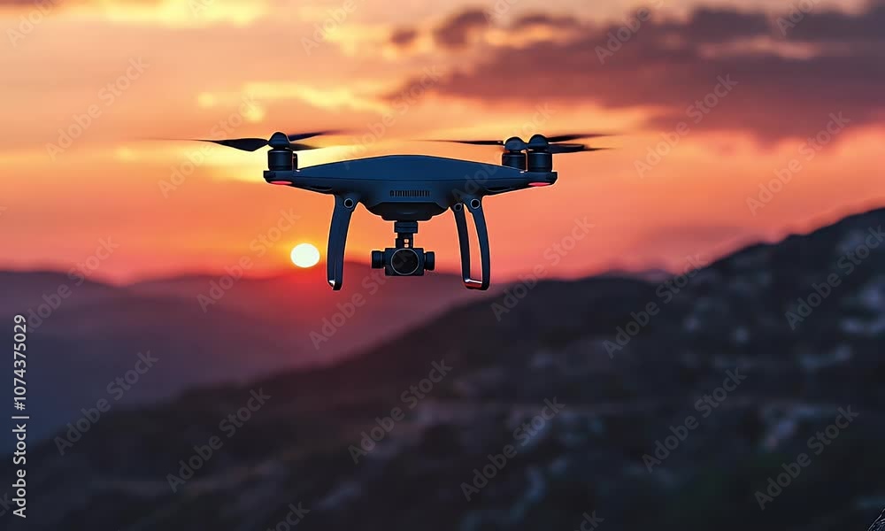 A drone hovers against a vibrant sunset over mountainous terrain. A drone hovers against a vibrant sunset over mountainous terrain.