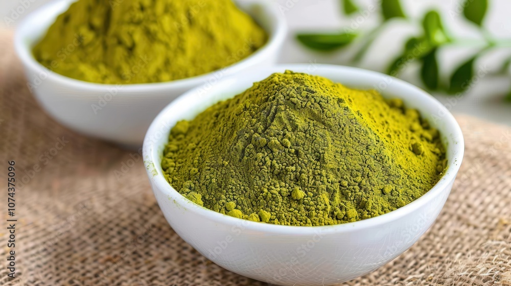 Organic matcha dessert. A vibrant image depicting two bowls filled with green powder, likely a natural herb or spice, set against a textured background with green leaves. Organic matcha dessert. A vibrant image depicting two bowls filled with green powder, likely a natural herb or spice, set against a textured background with green leaves.