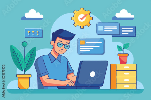 A man is focused on his laptop as he downloads files and installs software at his home office, Man downloads files and installs software on laptop.