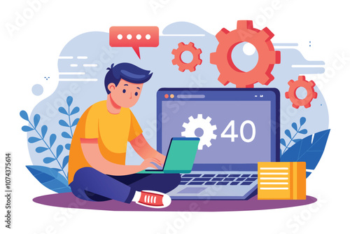 A man is engaged in resolving a web error on his laptop, surrounded by tropical plants, Man fixing 404 web error on laptop, flat illustration.
