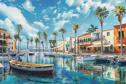 Mediterranean harbor with colorful buildings and boats.