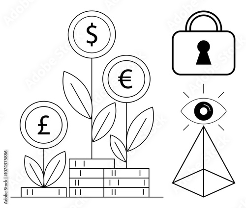 Three plants with currency signs growing from coin stacks, lock symbol for security, eye above pyramid symbolizing oversight. Ideal for finance, investment, business growth, security, financial