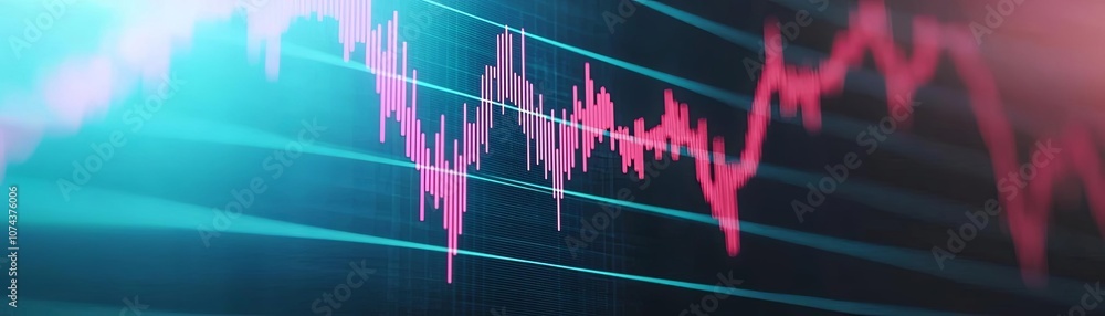 Dynamic stock market graph with pink and blue lines on a dark background. Dynamic stock market graph with pink and blue lines on a dark background.