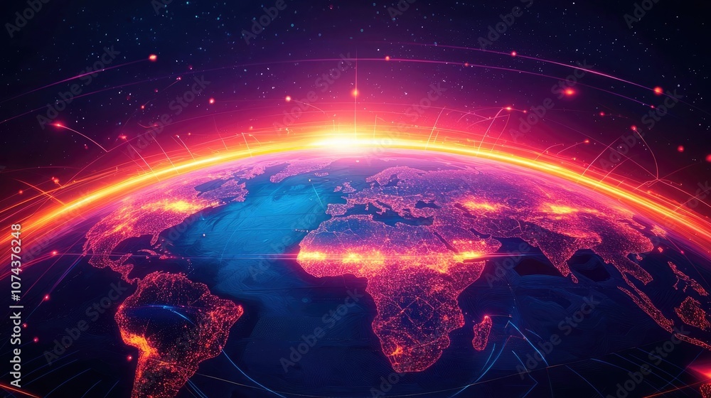 Colorful representation of Earth from space with vibrant sunset and glowing energy. Colorful representation of Earth from space with vibrant sunset and glowing energy.