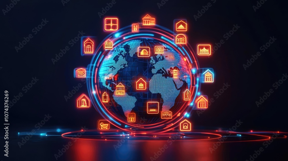 Globe with neon icons representing various digital services, dark background Globe with neon icons representing various digital services, dark background