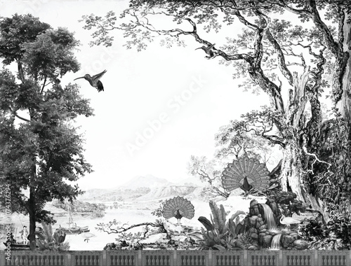 Indian Mughal hand drawn floral garden with arch and peacock illustration for invitation