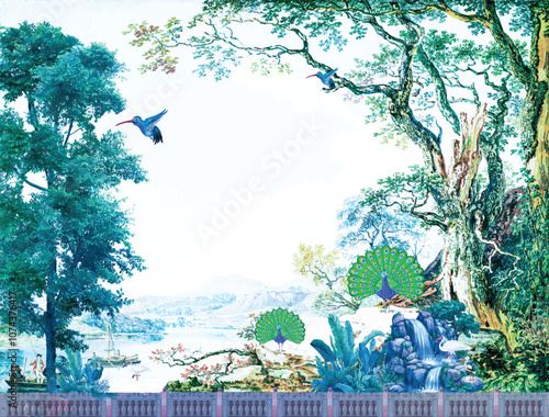 Indian Mughal hand drawn floral garden with arch and peacock illustration for invitation