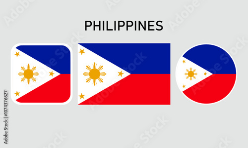 A set of philippines flags in square, rectangular and round shapes. Flag icon. Standard color. Vector illustration.