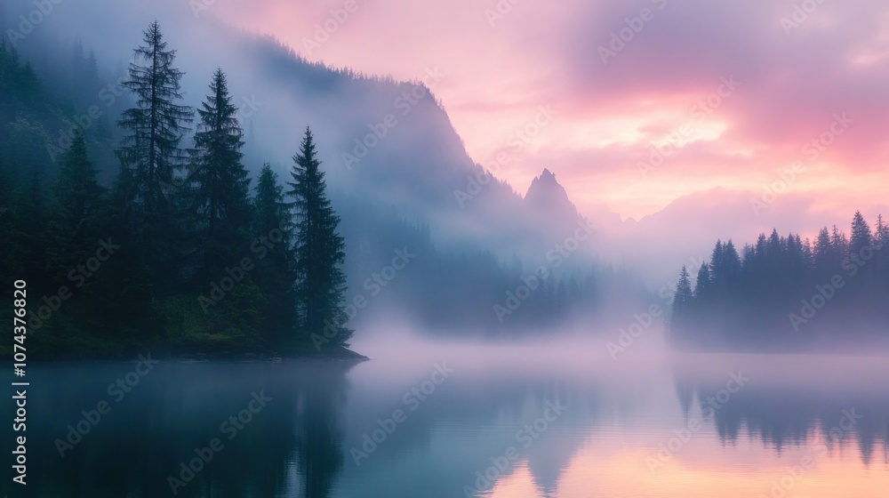 Foggy sunrise over lake creating mystical serene morning landscape. Nature Foggy sunrise over lake creating mystical serene morning landscape. Nature