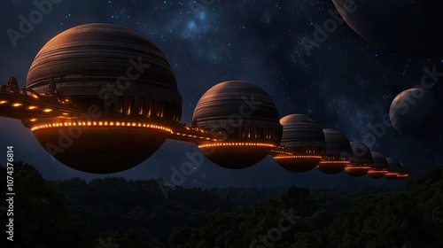 Fototapeta Naklejka Na Ścianę i Meble -  Futuristic space station orbiting several planets in a starry night sky.