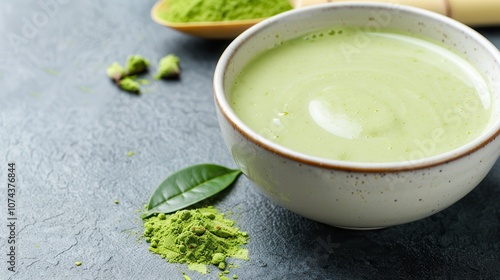 Organic matcha dessert. A creamy, vibrant green matcha tea served in a rustic bowl, surrounded by matcha powder and green leaves on a textured surface.