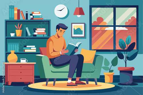 A man enjoys reading a book on a sofa in a comfortable living room, with sunset light streaming in, Man reading book in living room, flat illustration.