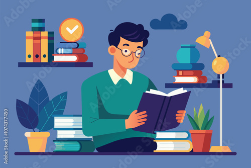A man sits comfortably in a study, absorbed in a book among bookshelves and greenery, Man reading book in study, flat illustration.