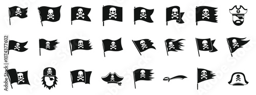 Jolly roger icons set. Black and white icon set featuring various depictions of pirate flags, skulls, crossbones, tricorn hats, and cutlasses, ideal for representing piracy, adventure, and maritime