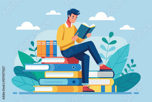 A young man is absorbed in reading a book while sitting on a high stack of colorful books surrounded by plants, Man reading book on stack of books, flat illustration.