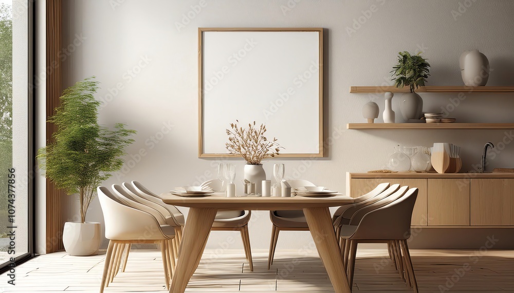 A modern dining area featuring a round wooden table surrounded by elegant chairs, complemented by natural light and minimalist decor. A modern dining area featuring a round wooden table surrounded by elegant chairs, complemented by natural light and minimalist decor.