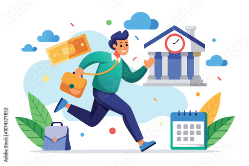 A man runs swiftly from a bank, glancing at a clock and calendar, indicating urgency and deadlines, Man running from bank with clock and calendar.