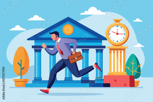 A man is rushing away from a bank while a clock indicates the passing time nearby, Man running from bank with clock illustration