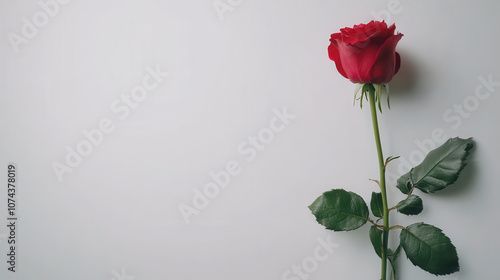 single red rose on white studio background, symbolizing love and elegance