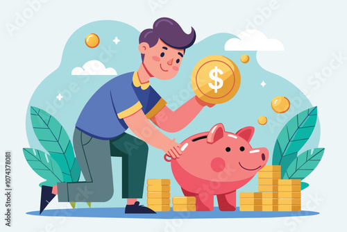 A young man is excitedly depositing coins into a pink piggy bank while surrounded by stacked coins, Man saving money in a piggy bank, simple illustration