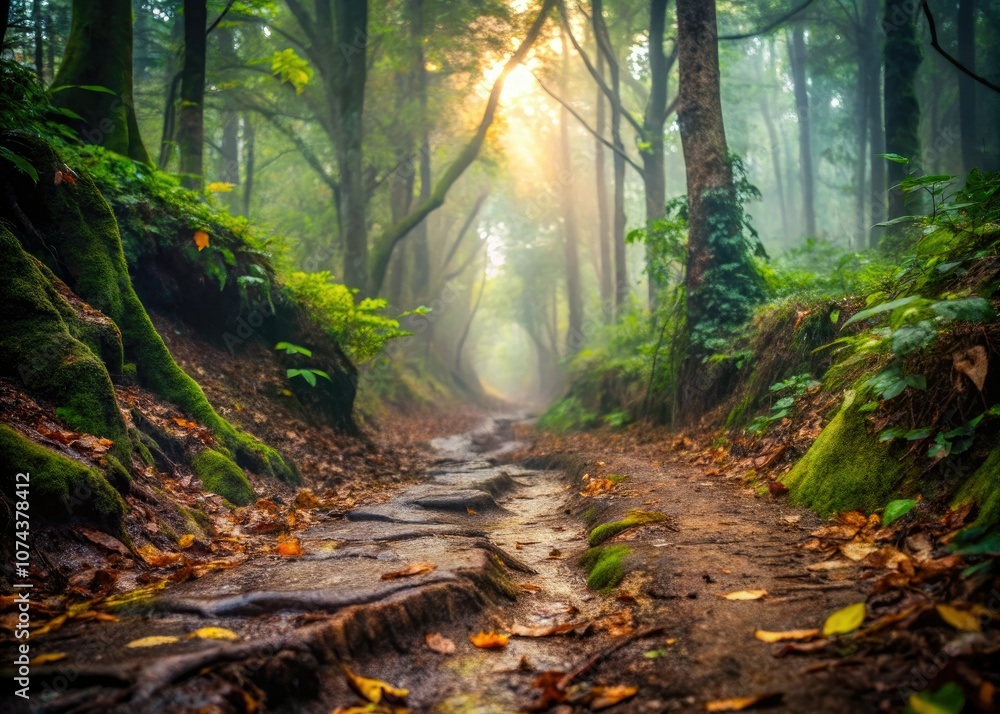 Obraz premium Muddy Path Through a Cloudy Forest - Low Light Photography for Nature Lovers