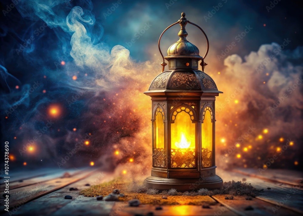 Fototapeta premium Mystical Lantern in Smoke and Sparks - Warm Glow and Enchantment
