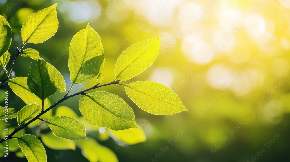 Obraz premium Vibrant green leaves illuminated by sunlight, creating a serene and refreshing atmosphere in nature.