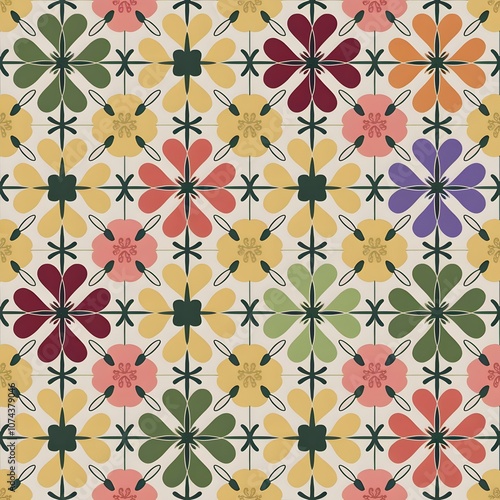 Bold Flower Pattern Wallpaper in a Seamless Grid of Four Colors
