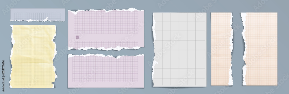 Torn notebook paper pieces with grid lines and square of pastel colors - yellow and purple, grey and peach. Realistic set of memo sheets fragments with ripped edges for scrapbooking and collage design Torn notebook paper pieces with grid lines and square of pastel colors - yellow and purple, grey and peach. Realistic set of memo sheets fragments with ripped edges for scrapbooking and collage design