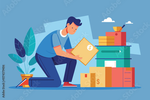 A man kneels to place money in a storage box, surrounded by stacked containers and a plant, Man stores money in box, flat drawing