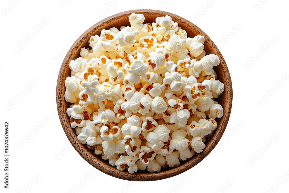 Overhead View of Fluffy Popcorn in Wooden Bowl, Rustic Style with Warm Colors, Textured Food for Movie Night and Comfort Snack Photography Overhead View of Fluffy Popcorn in Wooden Bowl, Rustic Style with Warm Colors, Textured Food for Movie Night and Comfort Snack Photography