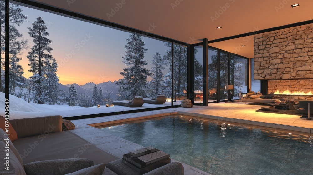 Obraz premium Modern cabin interior with a pool and mountain view at sunset.