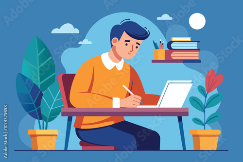 A man is deeply engaged in studying at a desk, surrounded by plants and books during the day, Man studying at a table, flat drawing