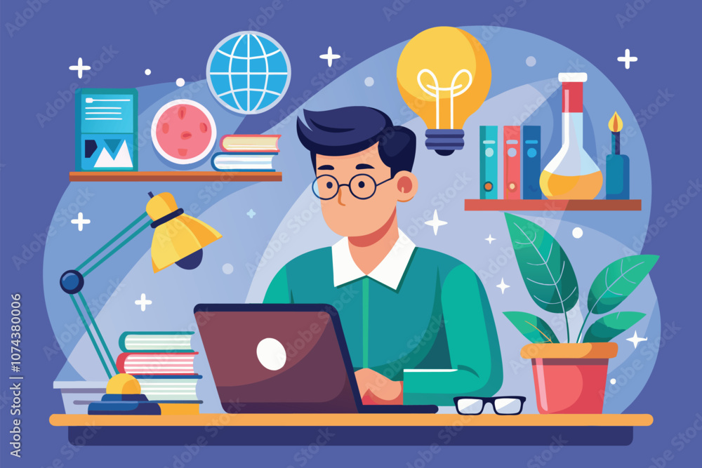 A man engages in online science studies at his desk, surrounded by books, plants, and study tools, Man studying science online, flat illustration. A man engages in online science studies at his desk, surrounded by books, plants, and study tools, Man studying science online, flat illustration.