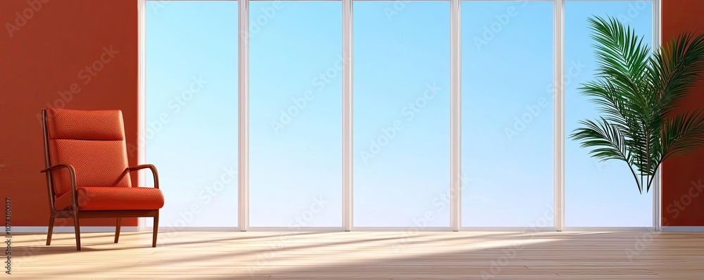 Fototapeta premium Corporate hiring freeze, untouched workspace with an empty chair, large windows, clean desk, serene atmosphere, vibrant light, balanced colors, professional tone