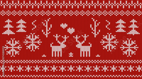 Christmas knitted pattern with deer, snowflakes, fir trees and hearts. Classic red background with white decorative elements. Xmas knitted fabric sweater texture. Vector illustration