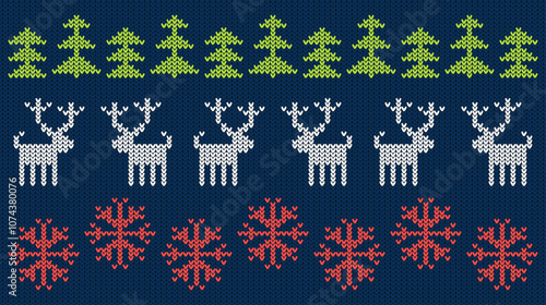 Christmas knitted holiday pattern: deer, fir trees, red snowflakes. Set on dark blue background with green and white decorative elements. Xmas knitted fabric sweater texture. Vector illustration