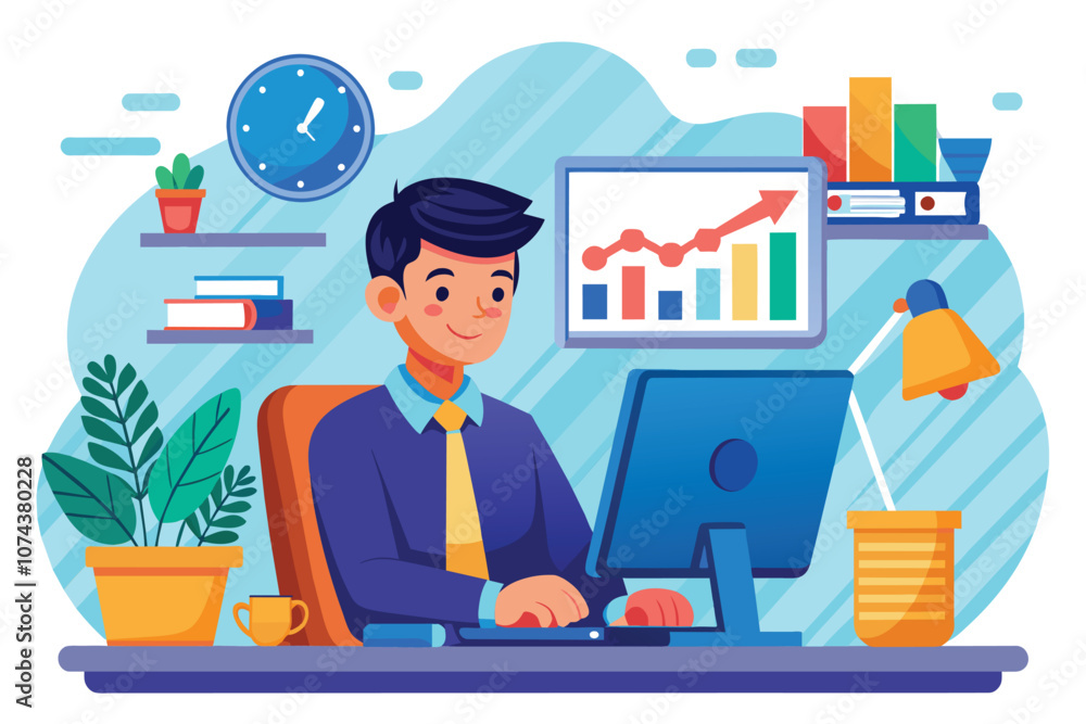 A focused man engages in trading analysis on his desktop computer in a cozy study environment, Man studying trading on computer, flat illustration. A focused man engages in trading analysis on his desktop computer in a cozy study environment, Man studying trading on computer, flat illustration.