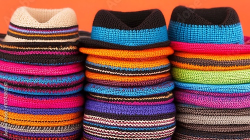 Colorful knitted hats stack up in vibrant patterns for cozy winter fashion photo