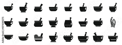 Grass mortar icons set. Set of mortar and pestle icons representing the grinding of herbs and spices, commonly used in cooking, medicine, and pharmacy