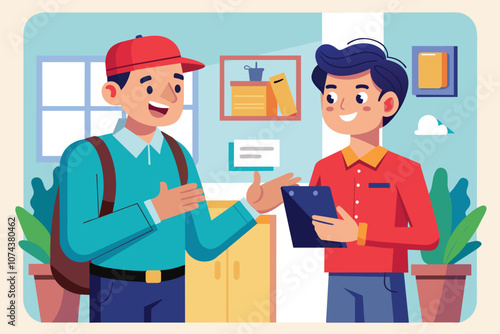 A cheerful conversation unfolds between a man and a postman inside a bright, modern room decorated with plants, Man talking to postman, flat drawing