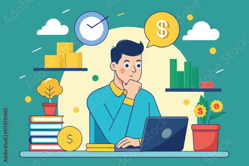 A man is deep in thought at his desk, contemplating work-related matters and financial goals, Man thinking about work and money, simple drawing