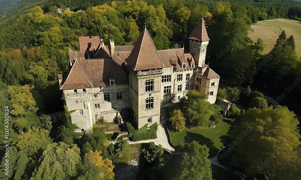 Aerial view of a medieval castle surrounded by lush greenery and trees. Aerial view of a medieval castle surrounded by lush greenery and trees.