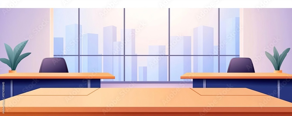 Office setting after job cuts, rows of empty desks, glass partitions, organized workspace, city view through the windows, calm atmosphere, cool tones, tidy layout Office setting after job cuts, rows of empty desks, glass partitions, organized workspace, city view through the windows, calm atmosphere, cool tones, tidy layout
