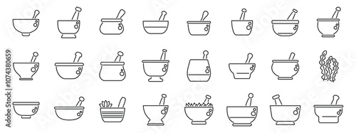 Grass mortar icons set. Line art icons representing a mortar and pestle, used for grinding and crushing ingredients in cooking, medicine, and other applications
